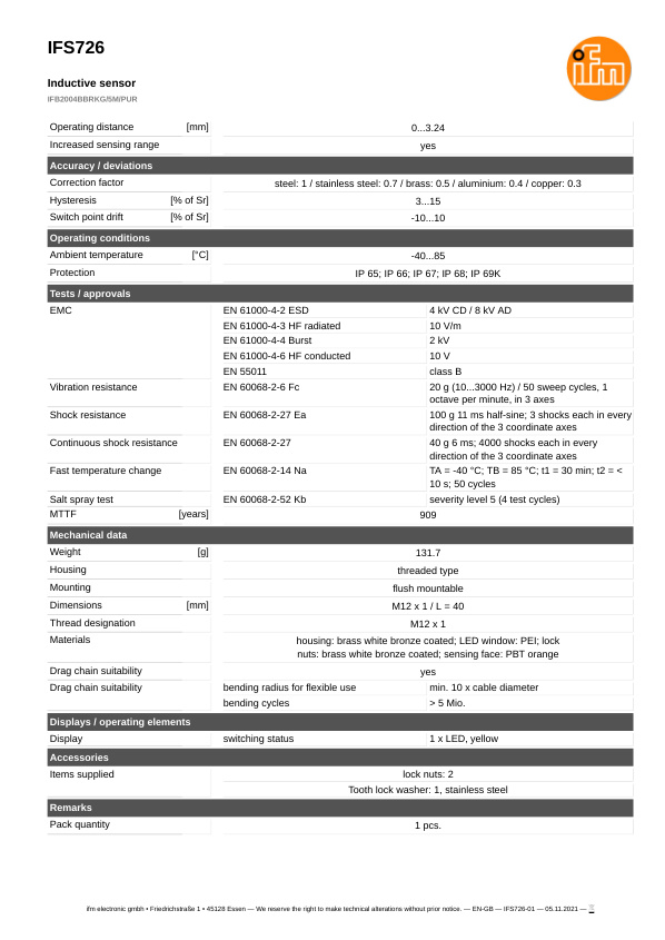 IFS726 \ Inductive sensor \ Range 4 mm \ PNP/NPN NC \ M12 \ Connector M12 datasheet