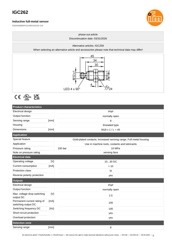 IGC262 \ Inductive sensor \ Range 8 mm \ PNP NO \ M18 \ Connector M12 datasheet
