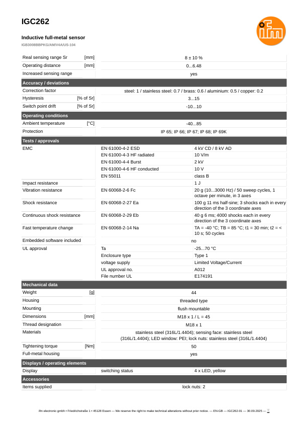 IGC262 \ Inductive sensor \ Range 8 mm \ PNP NO \ M18 \ Connector M12 datasheet