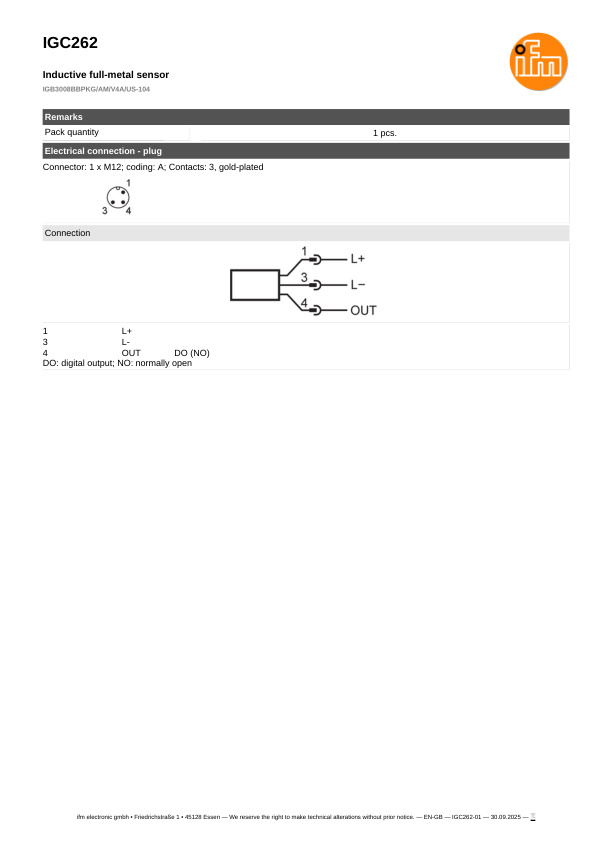 IGC262 \ Inductive sensor \ Range 8 mm \ PNP NO \ M18 \ Connector M12 datasheet