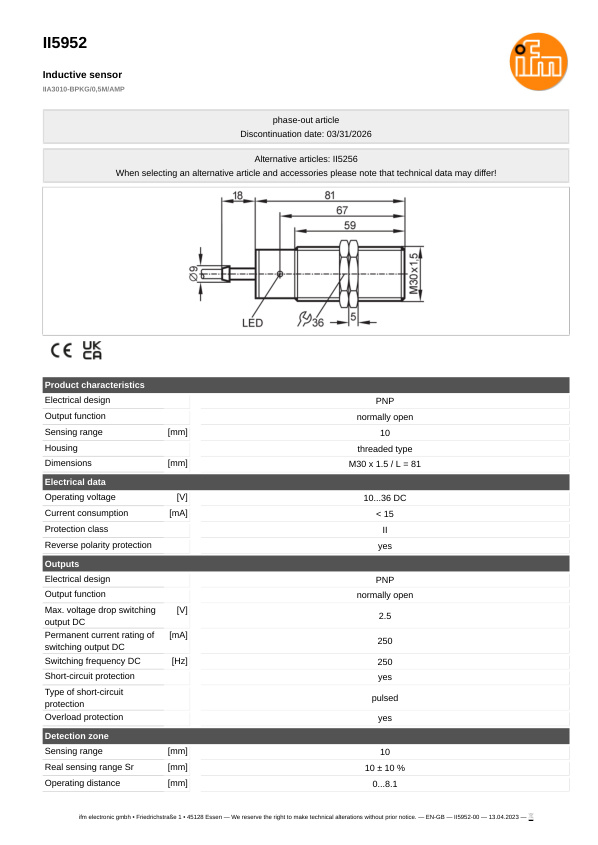 II5952 \ Inductive sensor \ Range 10 mm \ PNP NO \ M30 \ Cable PVC 0.5 m datasheet