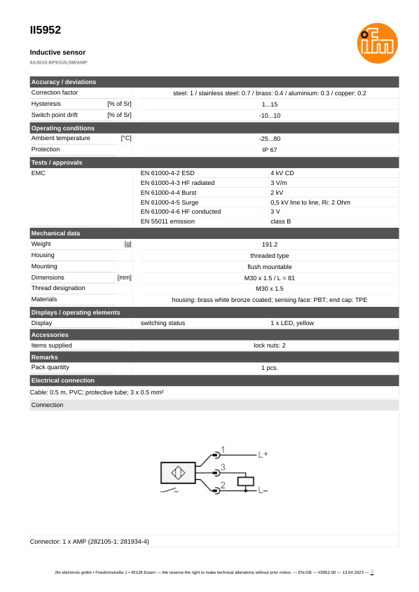 II5952 \ Inductive sensor \ Range 10 mm \ PNP NO \ M30 \ Cable PVC 0.5 m datasheet