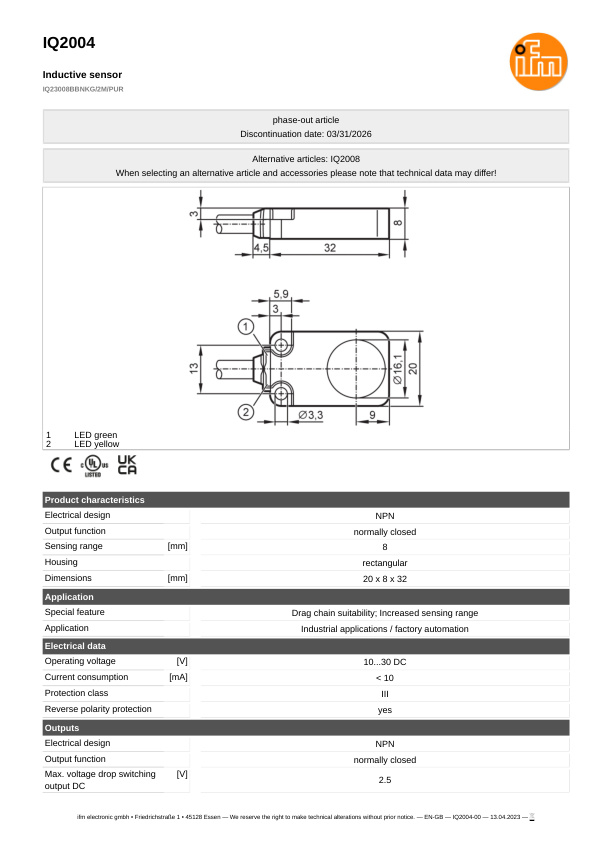 IQ2004 \ Inductive sensor \ Range 8 mm \ NPN NC \ 20 x 8 x 32 mm \ Cable PUR 2 m datasheet