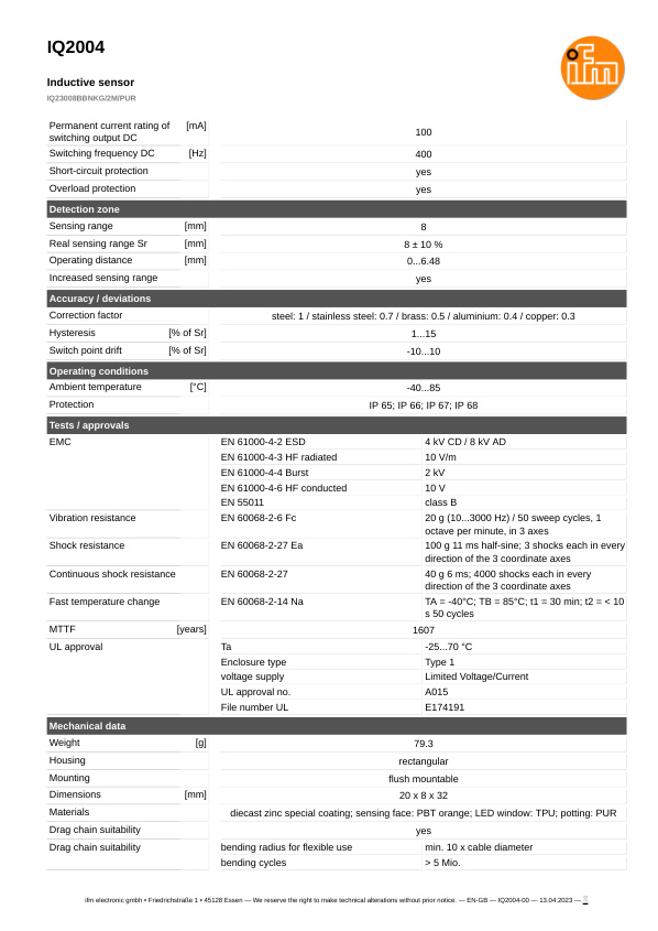 IQ2004 \ Inductive sensor \ Range 8 mm \ NPN NC \ 20 x 8 x 32 mm \ Cable PUR 2 m datasheet