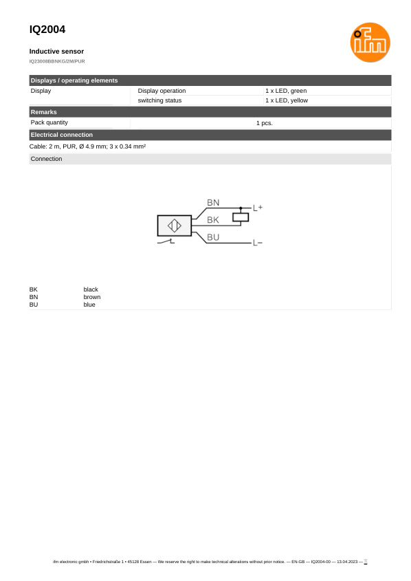 IQ2004 \ Inductive sensor \ Range 8 mm \ NPN NC \ 20 x 8 x 32 mm \ Cable PUR 2 m datasheet