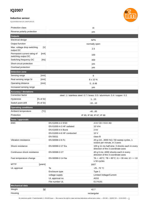 IQ2007 \ Inductive sensor \ Range 8 mm \ NPN NO \ 20 x 8 x 32 mm \ Cabler PUR 0.3 m+Connector M12 datasheet