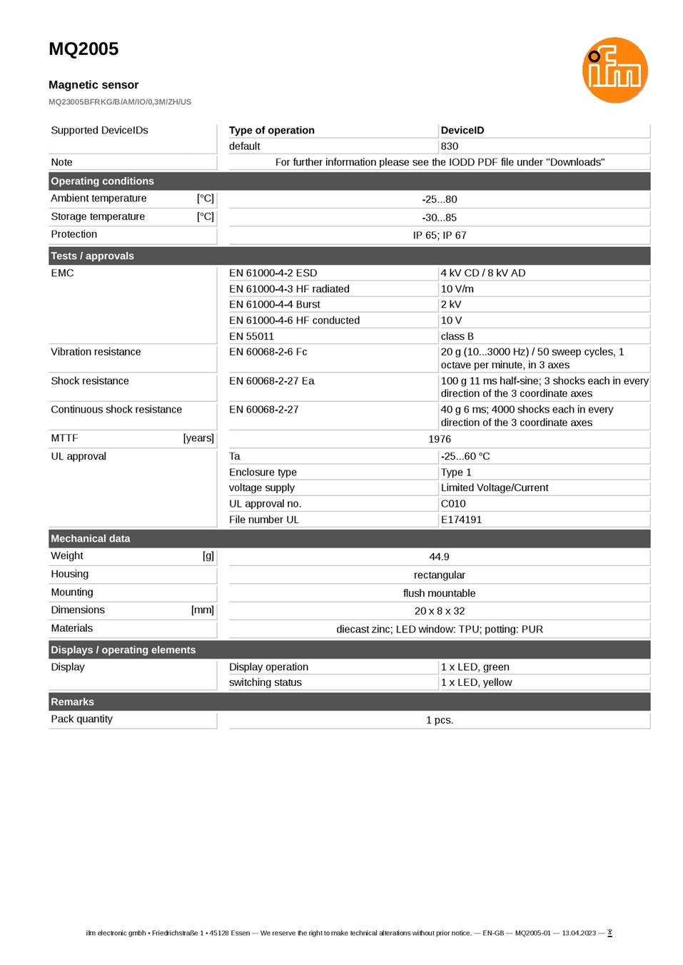 MQ2005 \ Magnetic sensors \ Range 5 \ PNP/NPN \ NO / NC \ rectangular \ Cable PUR 0.3 m datasheet
