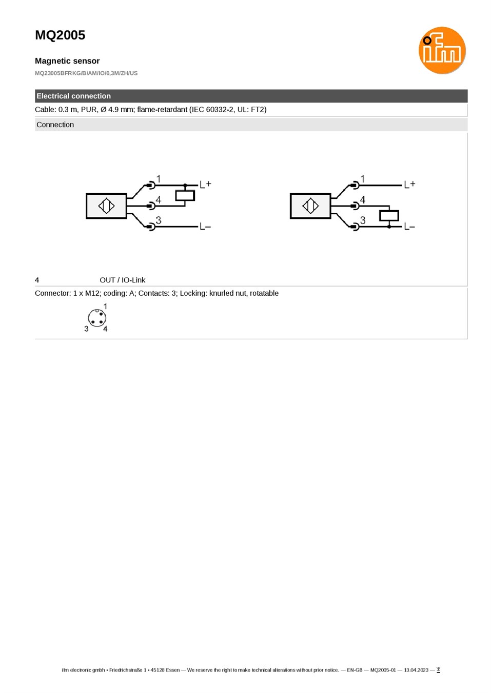 MQ2005 \ Magnetic sensors \ Range 5 \ PNP/NPN \ NO / NC \ rectangular \ Cable PUR 0.3 m datasheet