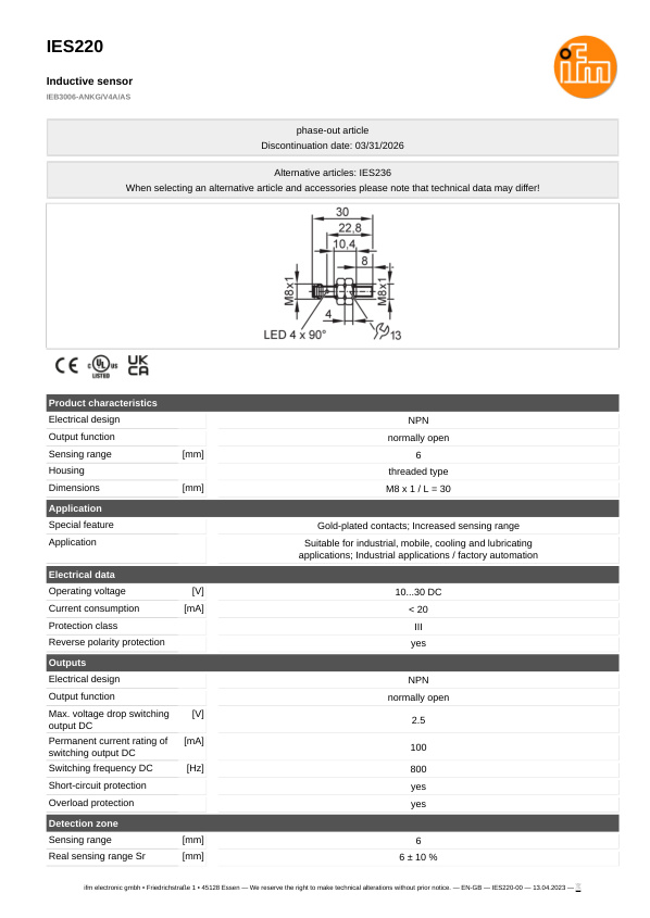 IES220 \ Inductive sensor \ Range 6 mm \ NPN NO \ M8 \ Connector M8 datasheet