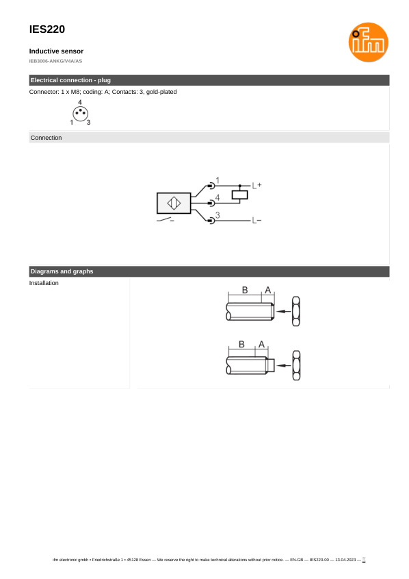 IES220 \ Inductive sensor \ Range 6 mm \ NPN NO \ M8 \ Connector M8 datasheet