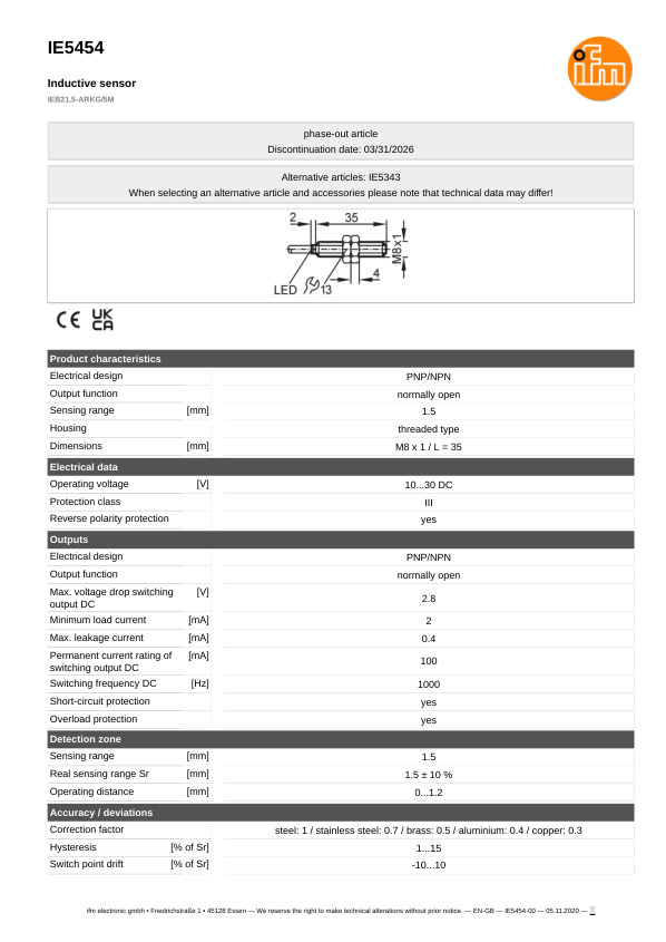 IE5454 \ Inductive sensor \ Range 1.5 mm \ PNP/NPN NO \ M8 \ Cable PPU 5m datasheet