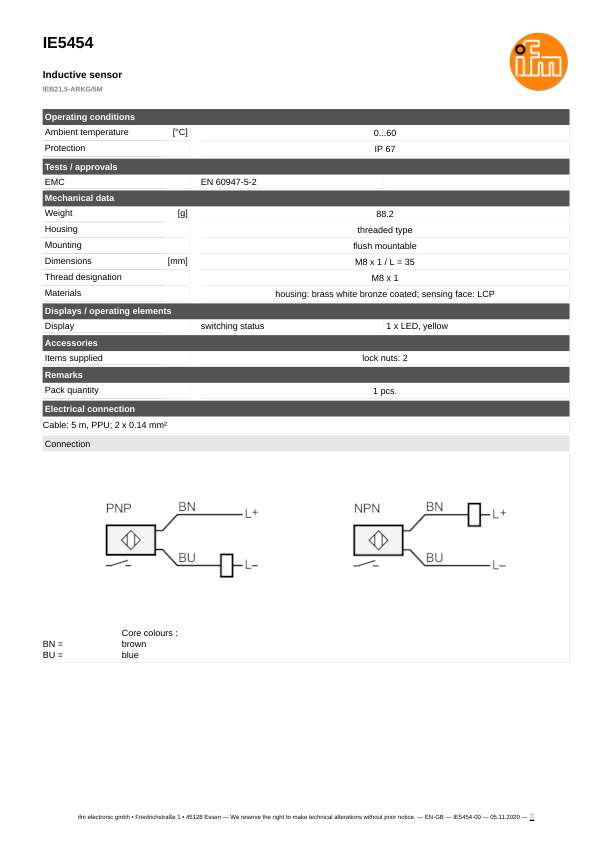 IE5454 \ Inductive sensor \ Range 1.5 mm \ PNP/NPN NO \ M8 \ Cable PPU 5m datasheet