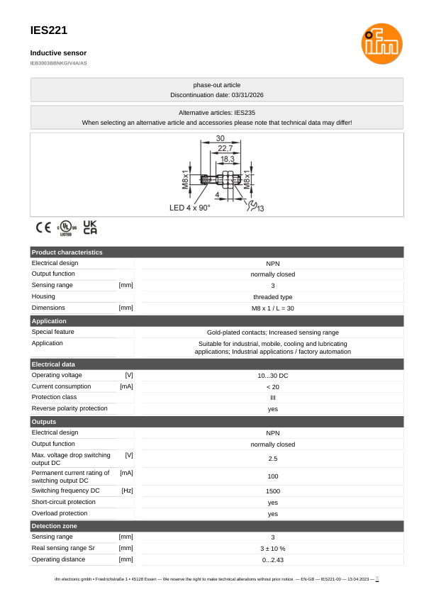 IES221 \ Inductive sensor \ Range 3 mm \ NPN NC \ M8 \ Connector M8 datasheet