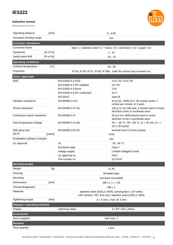 IES222 \ Inductive sensor \ Range 6 mm \ NPN NC \ M8 \ Connector M8 datasheet