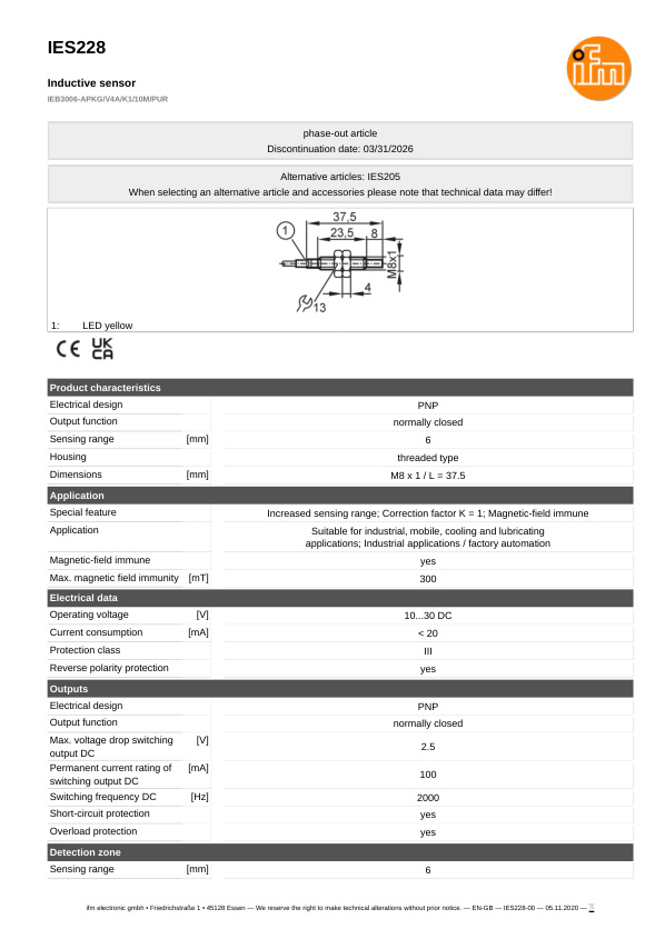 IES228 \ Inductive sensor \ Range 6 mm \ PNP NC \ M8 \ Cable PUR 10m datasheet