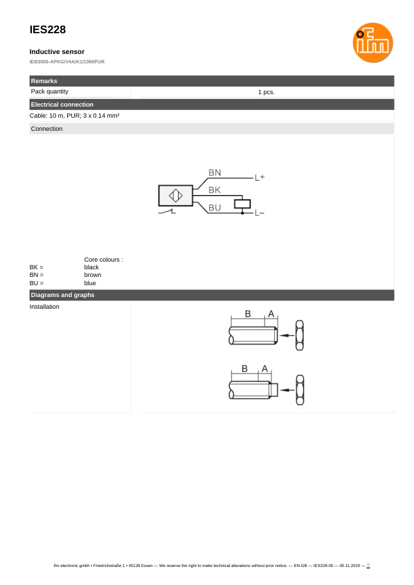 IES228 \ Inductive sensor \ Range 6 mm \ PNP NC \ M8 \ Cable PUR 10m datasheet