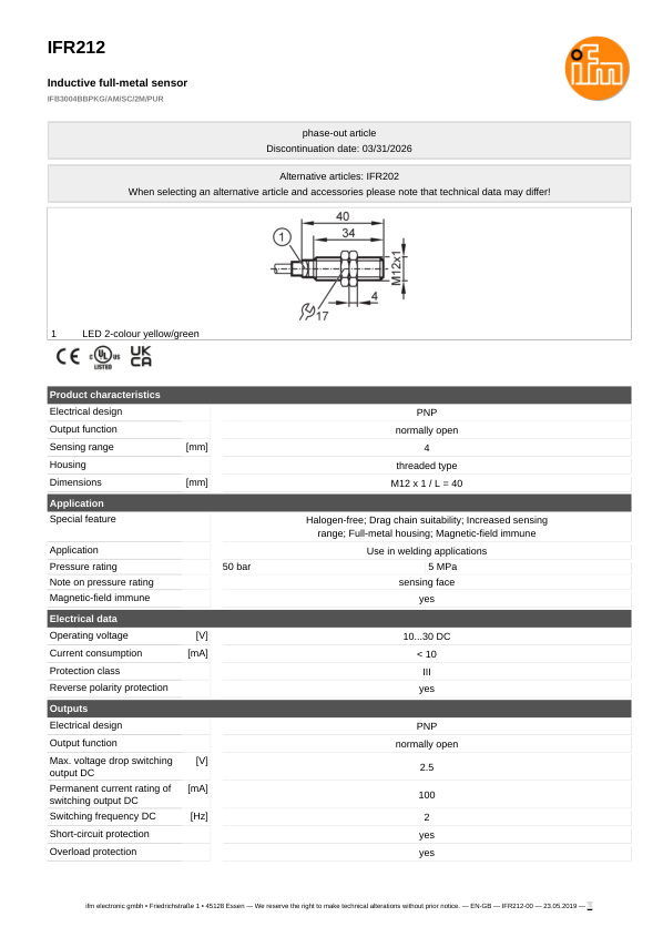 IFR212 \ Inductive sensor \ Range 4 mm \ PNP NO \ M12 \ Cable PUR 2 m datasheet