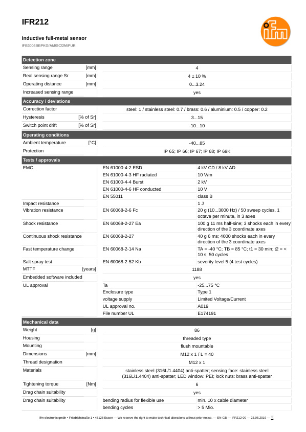 IFR212 \ Inductive sensor \ Range 4 mm \ PNP NO \ M12 \ Cable PUR 2 m datasheet