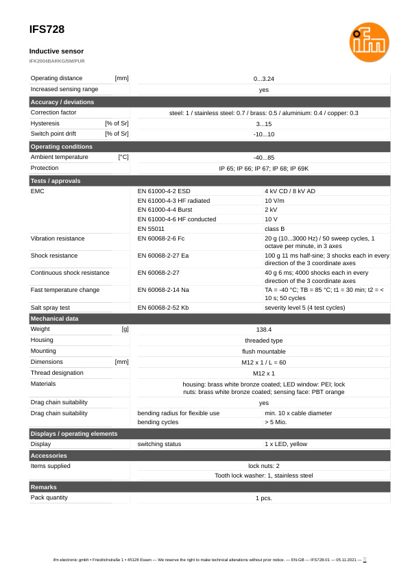 IFS728 \ Inductive sensor \ Range 4 mm \ PNP/NPN NO \ M12 \ Connector M12 datasheet