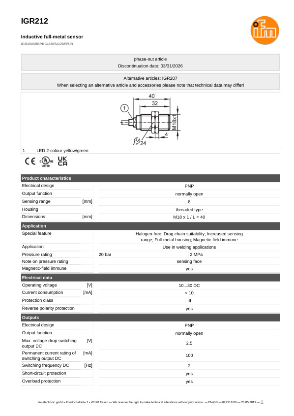 IGR212 \ Inductive sensor \ Range 8 mm \ PNP NO \ M18 \ Connector M12 datasheet