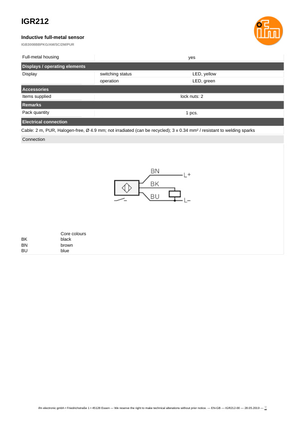 IGR212 \ Inductive sensor \ Range 8 mm \ PNP NO \ M18 \ Connector M12 datasheet