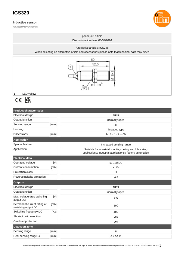 IGS320 \ Inductive sensor \ Range 8 mm \ NPN NO \ M18 \ Cable PUR 5m datasheet