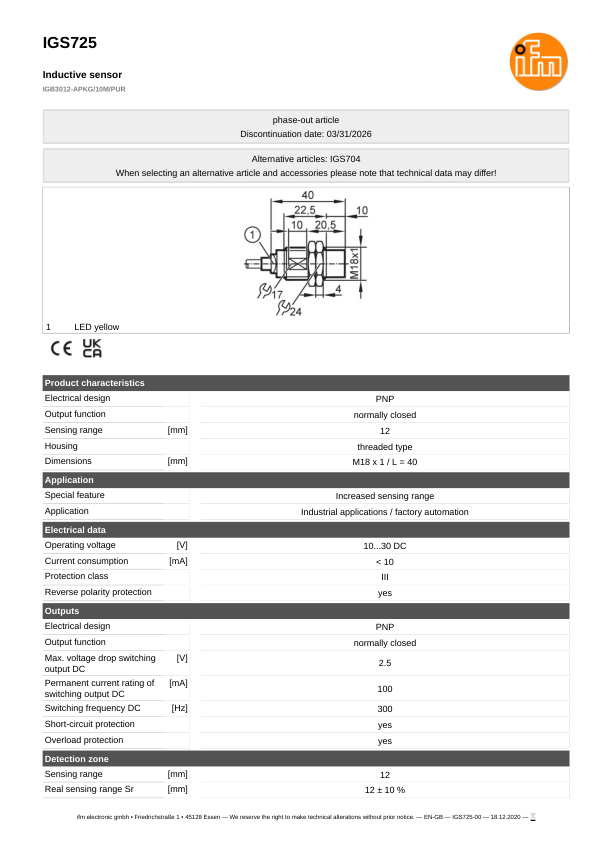 IGS725 \ Inductive sensor \ Range 12 mm \ PNP NC \ M18 \ Connector 7/8" datasheet