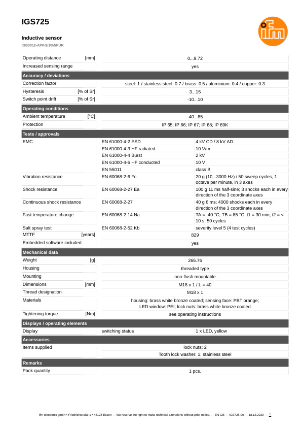 IGS725 \ Inductive sensor \ Range 12 mm \ PNP NC \ M18 \ Connector 7/8" datasheet