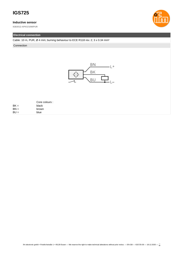 IGS725 \ Inductive sensor \ Range 12 mm \ PNP NC \ M18 \ Connector 7/8" datasheet