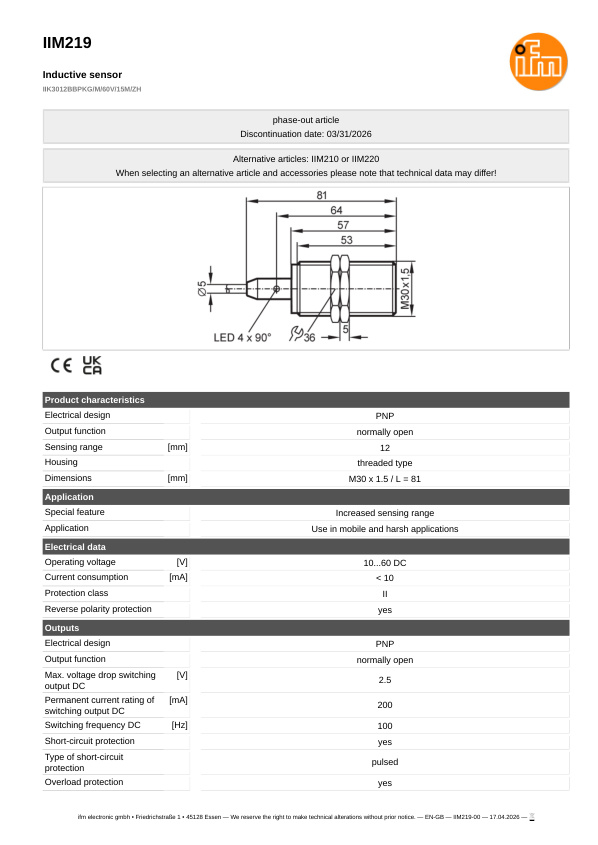 IIM219 \ Inductive sensor \ Range 12 mm \ PNP NO \ M30 \ Cable PUR 15 m datasheet