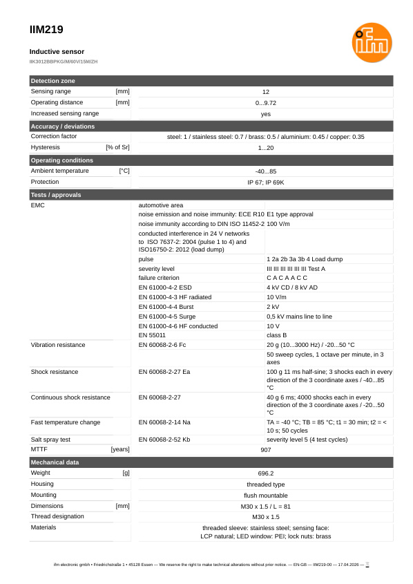 IIM219 \ Inductive sensor \ Range 12 mm \ PNP NO \ M30 \ Cable PUR 15 m datasheet