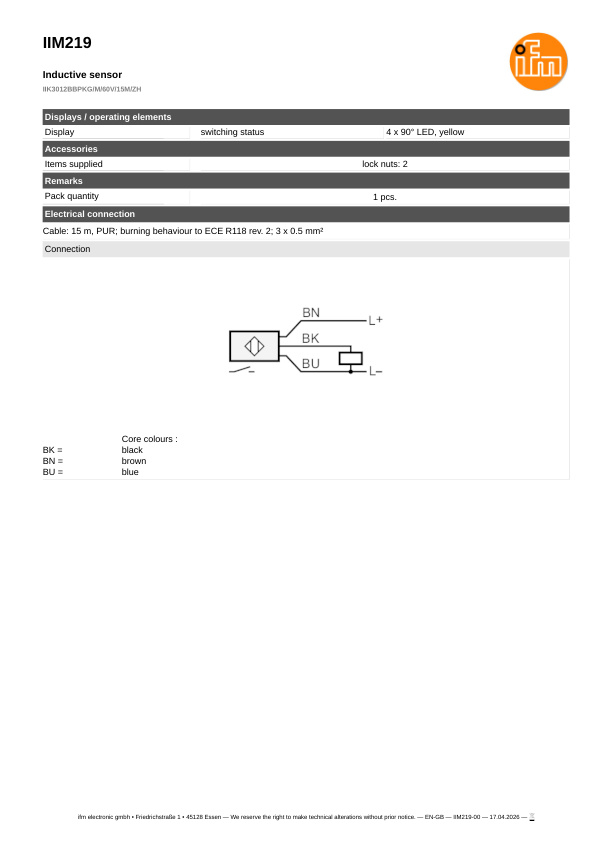 IIM219 \ Inductive sensor \ Range 12 mm \ PNP NO \ M30 \ Cable PUR 15 m datasheet
