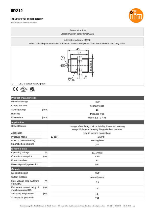 IIR212 \ Inductive sensor \ Range 15 mm \ PNP NO \ M30 \ Cable PUR 2 m datasheet