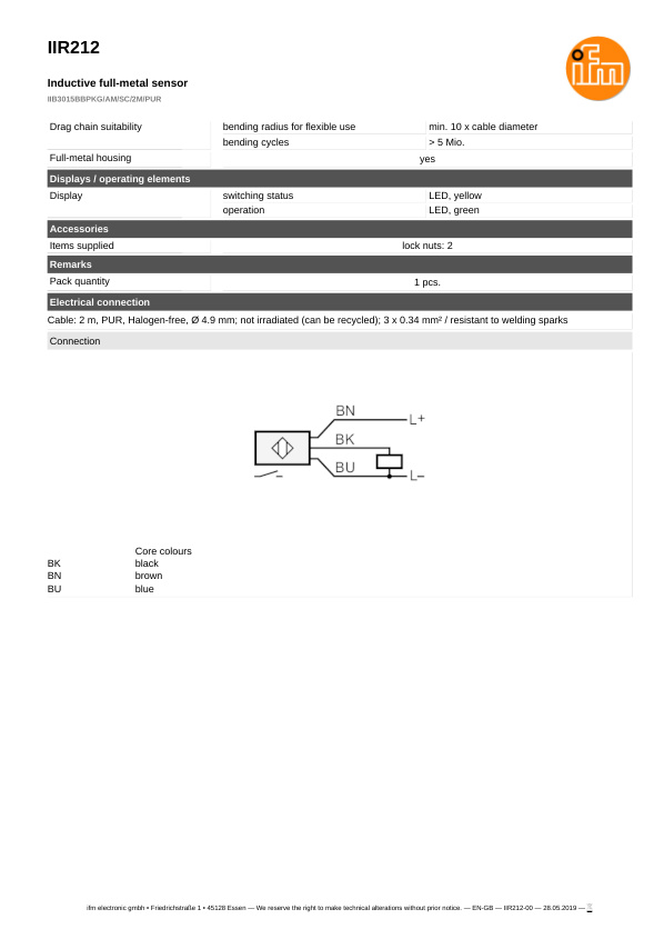 IIR212 \ Inductive sensor \ Range 15 mm \ PNP NO \ M30 \ Cable PUR 2 m datasheet