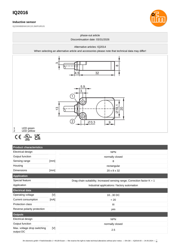 IQ2016 \ Inductive sensor \ Range 8 mm \ NPN NC \ 20 x 8 x 32 mm \ Cabler PUR 0.3 m+Connector M12 datasheet