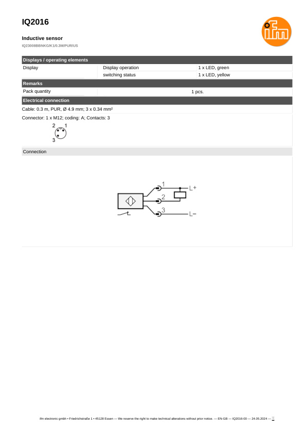 IQ2016 \ Inductive sensor \ Range 8 mm \ NPN NC \ 20 x 8 x 32 mm \ Cabler PUR 0.3 m+Connector M12 datasheet
