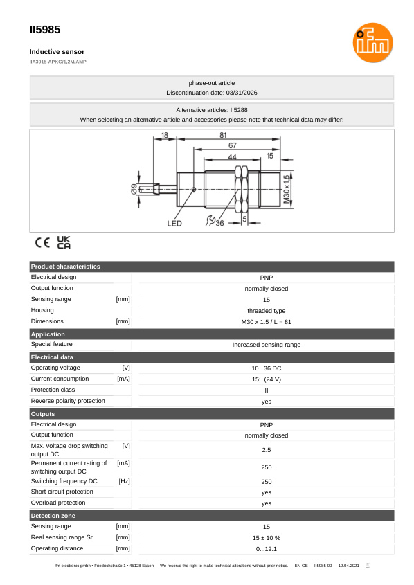 II5985 \ Inductive sensor \ Range 15 mm \ PNP NC \ M30 \ Cable PVC 1.2 m datasheet