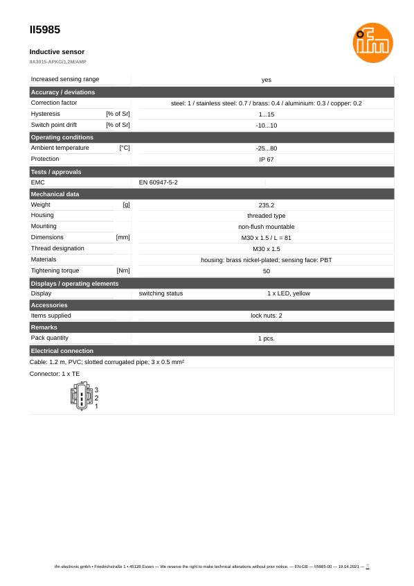 II5985 \ Inductive sensor \ Range 15 mm \ PNP NC \ M30 \ Cable PVC 1.2 m datasheet