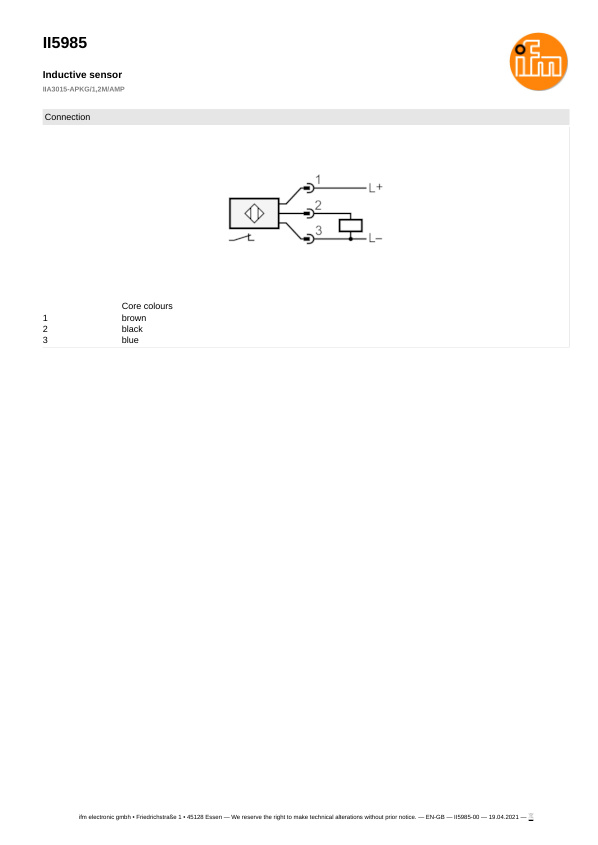 II5985 \ Inductive sensor \ Range 15 mm \ PNP NC \ M30 \ Cable PVC 1.2 m datasheet