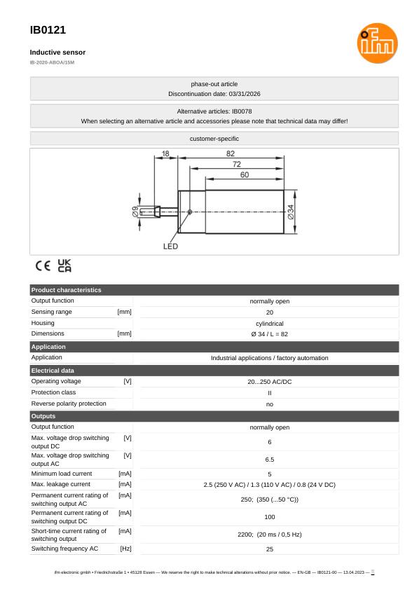 IB0121 \ Inductive sensor \ Range20 mm \ AC/DC NO \ Ø34 \ Cable PVC 15 m datasheet