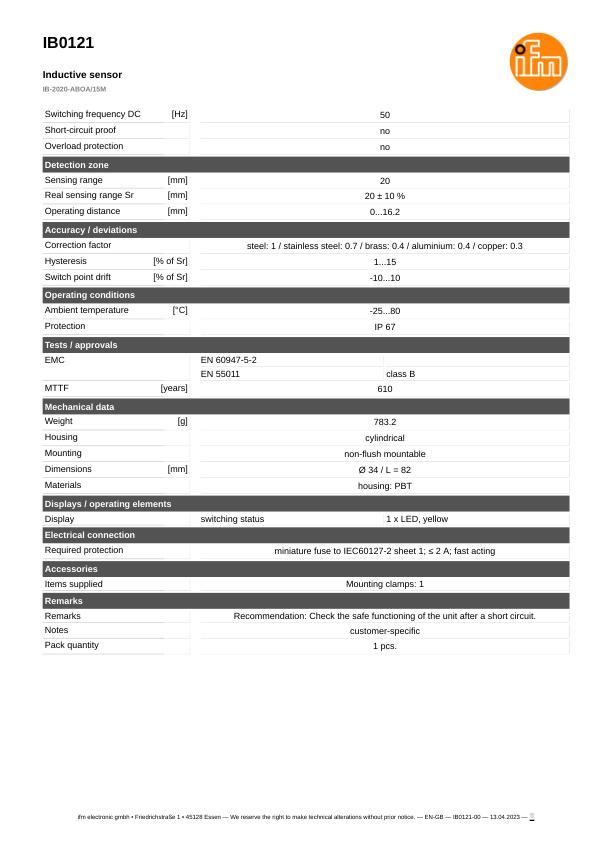 IB0121 \ Inductive sensor \ Range20 mm \ AC/DC NO \ Ø34 \ Cable PVC 15 m datasheet