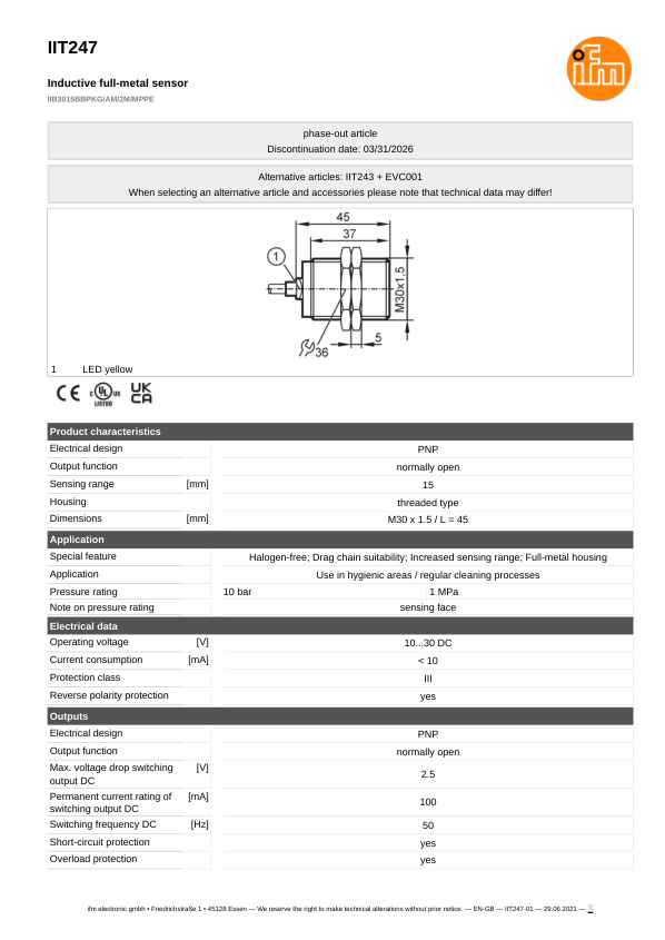 IIT247 \ Inductive sensor \ Range 15 mm \ PNP NO \ M30 \ Cable MPPE 2 m datasheet
