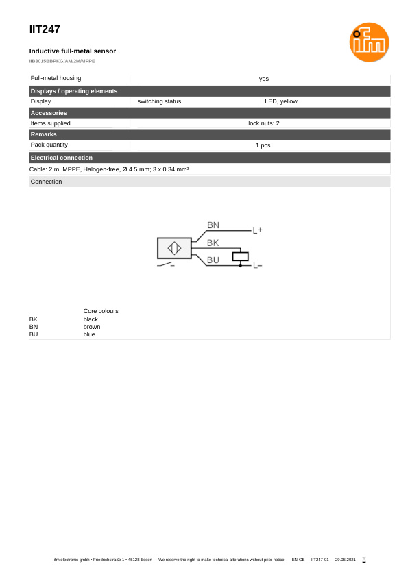 IIT247 \ Inductive sensor \ Range 15 mm \ PNP NO \ M30 \ Cable MPPE 2 m datasheet