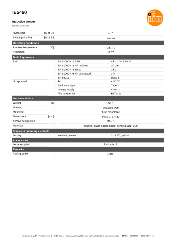 IE5460 \ Inductive sensor \ Range 1.5 mm \ PNP NC \ M8 \ Cable PVC 2m datasheet