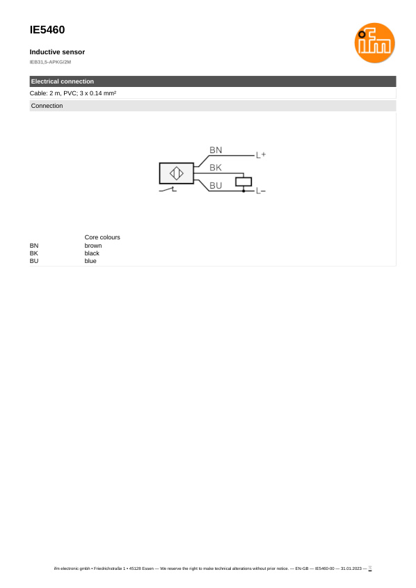 IE5460 \ Inductive sensor \ Range 1.5 mm \ PNP NC \ M8 \ Cable PVC 2m datasheet