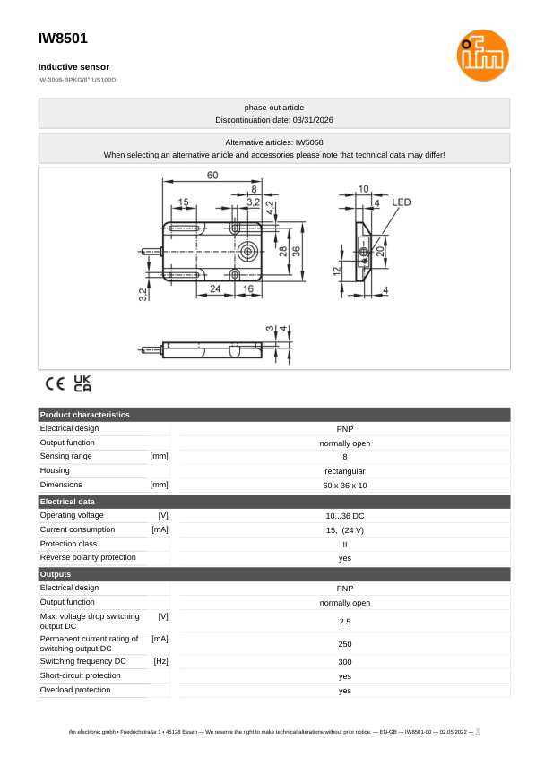 IW8501 \ Inductive sensor \ Range 8 mm \ PNP NO \ 60 x 36 x 10 mm \ Cable PVC 0.2 m+Connector M12 datasheet