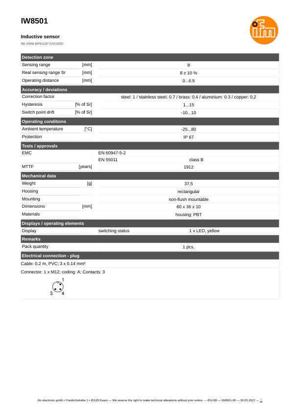 IW8501 \ Inductive sensor \ Range 8 mm \ PNP NO \ 60 x 36 x 10 mm \ Cable PVC 0.2 m+Connector M12 datasheet