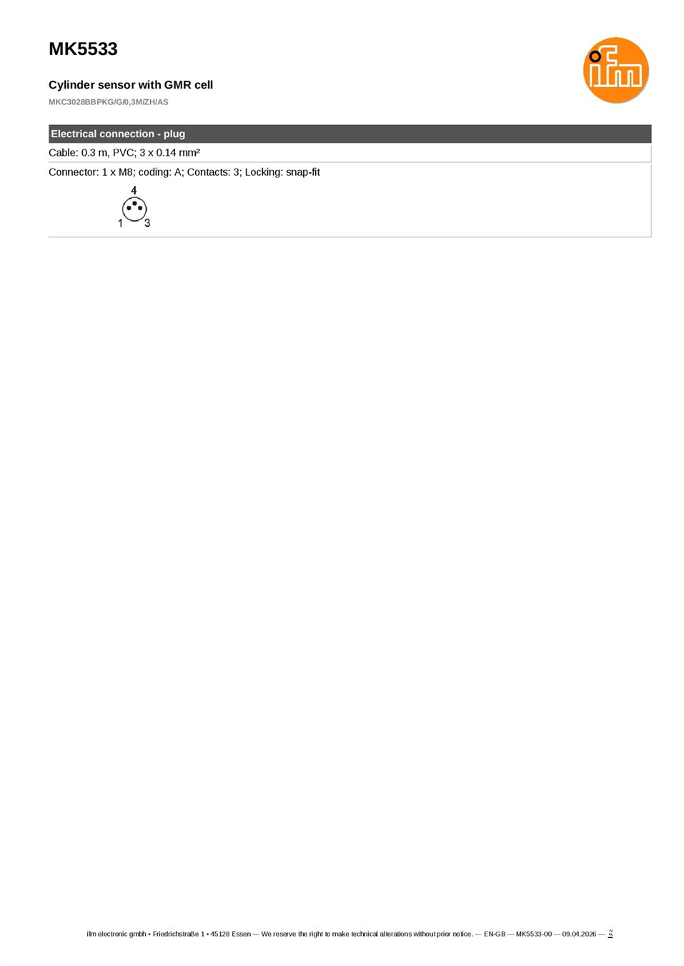 MK5533 \ Cylinder sensors \ PNP \ NO \ 32 x 6.4 x 5.1 mm\Cable PVC 0.3 m + M8 Connector datasheet