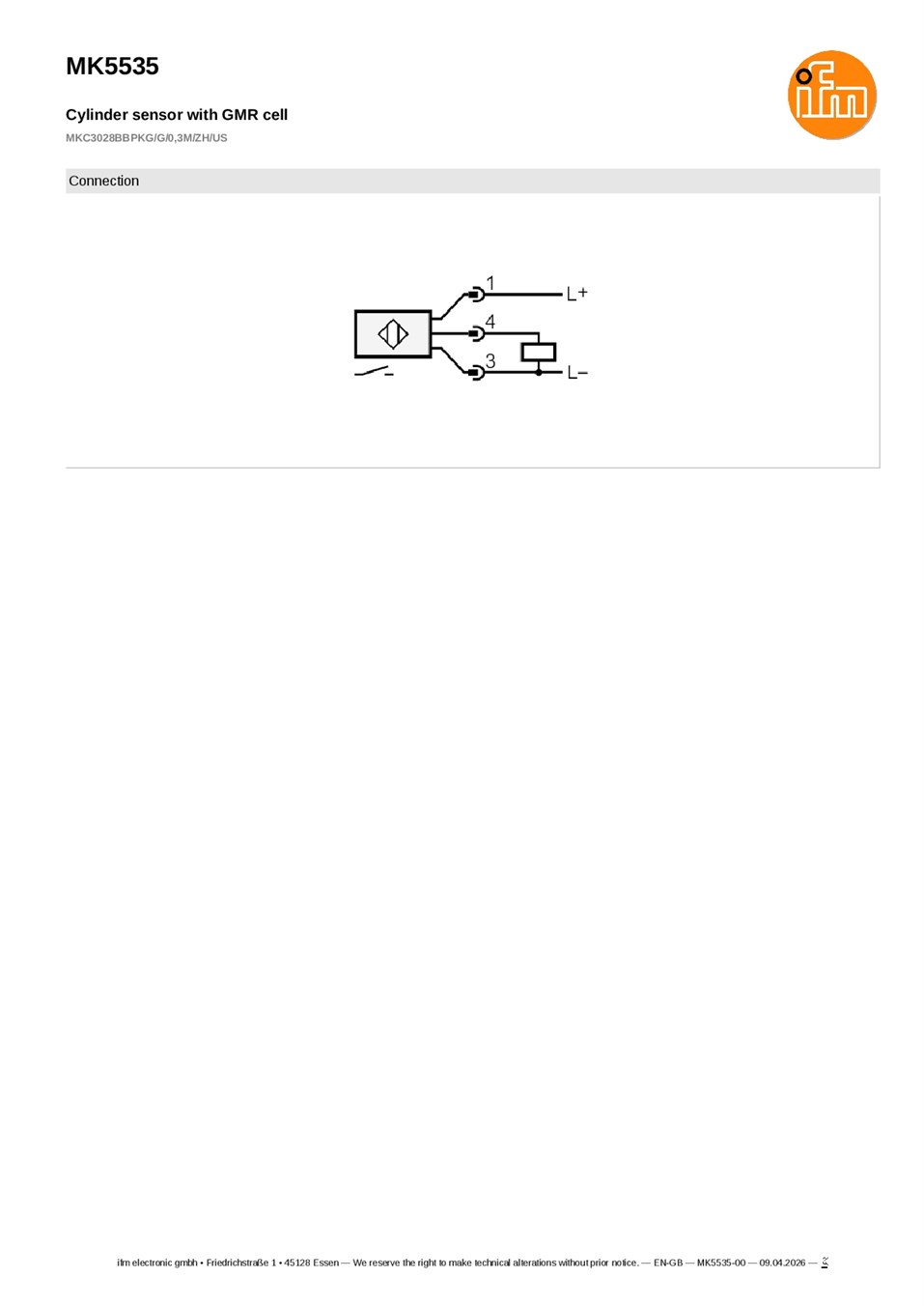 MK5535 \ Cylinder sensors \ PNP \ NO \ 32 x 6.4 x 5.1 mm\Cable PUR 0.3 m + M12 Connector datasheet