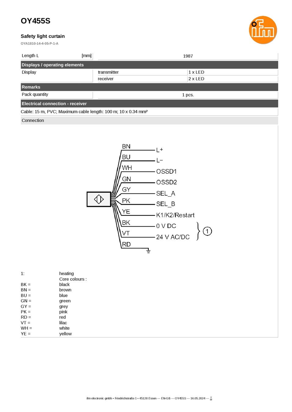 OY455S \ Safety light curtain \ PNP \ Cable 15 m, PVC datasheet